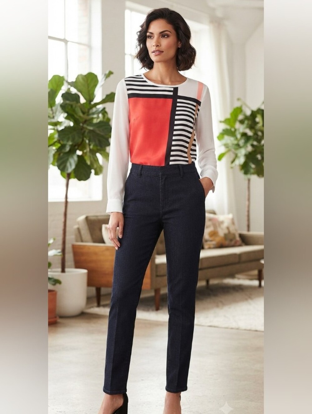 Worthington Geometric Long Sleeve Blouse Size Small